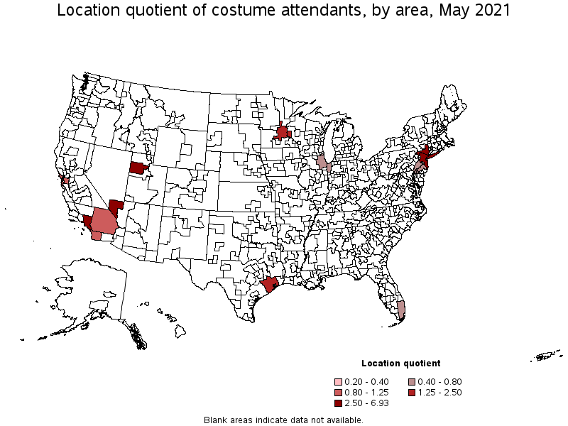 Map of location quotient of costume attendants by area, May 2021