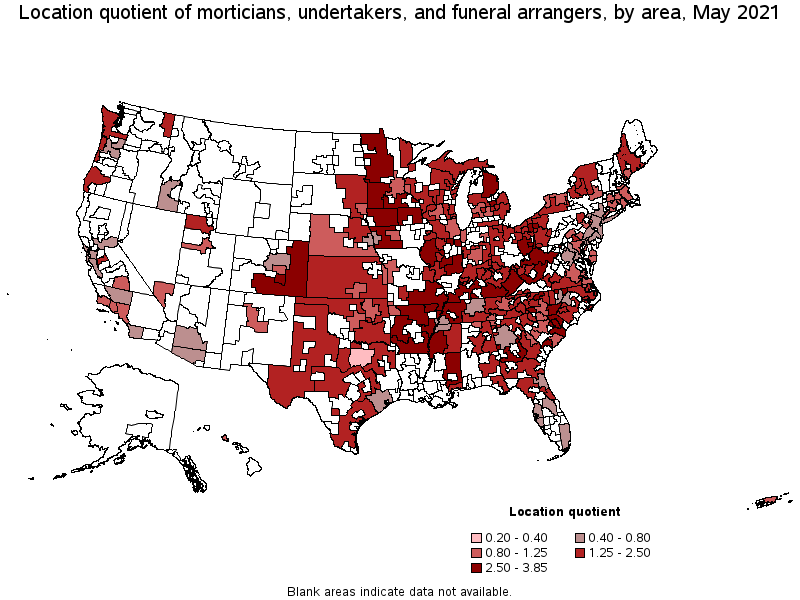 Map of location quotient of morticians, undertakers, and funeral arrangers by area, May 2021