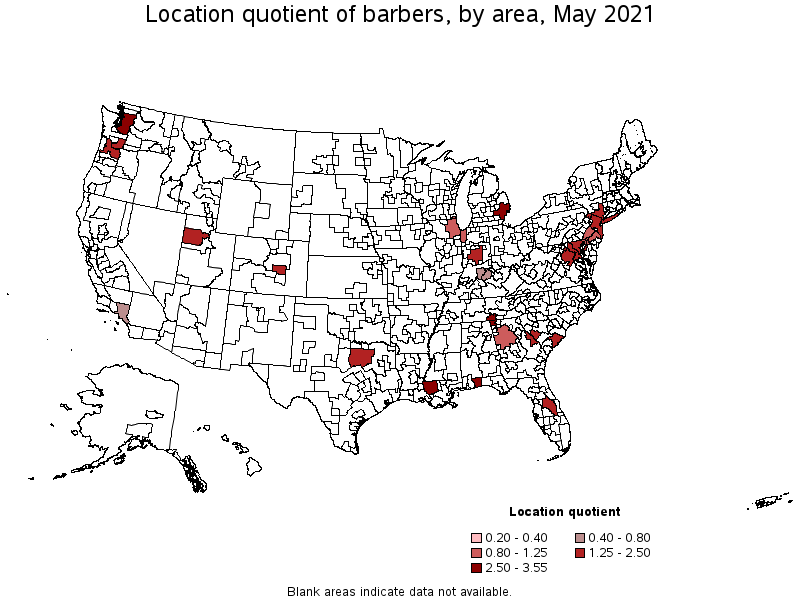 Map of location quotient of barbers by area, May 2021