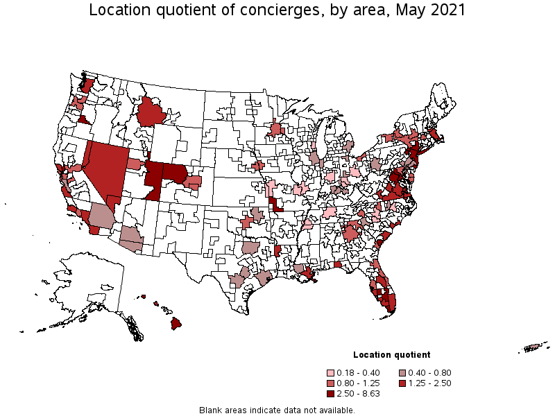 Map of location quotient of concierges by area, May 2021