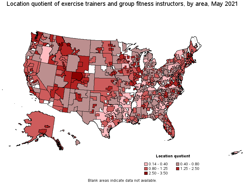 Map of location quotient of exercise trainers and group fitness instructors by area, May 2021