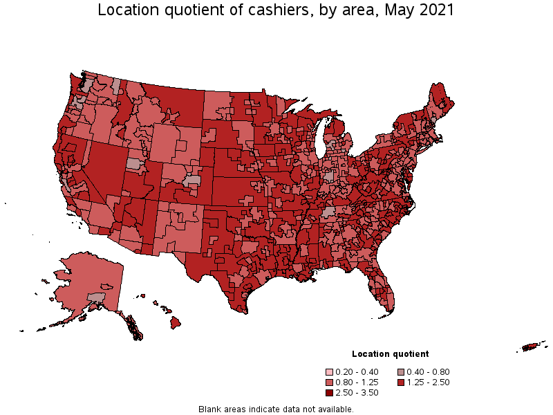 Map of location quotient of cashiers by area, May 2021