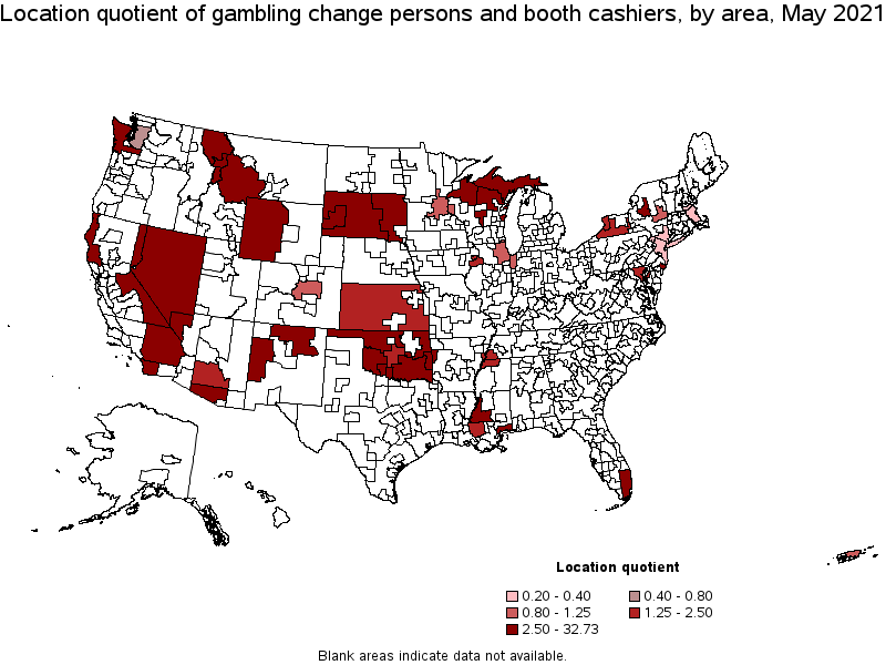 Map of location quotient of gambling change persons and booth cashiers by area, May 2021