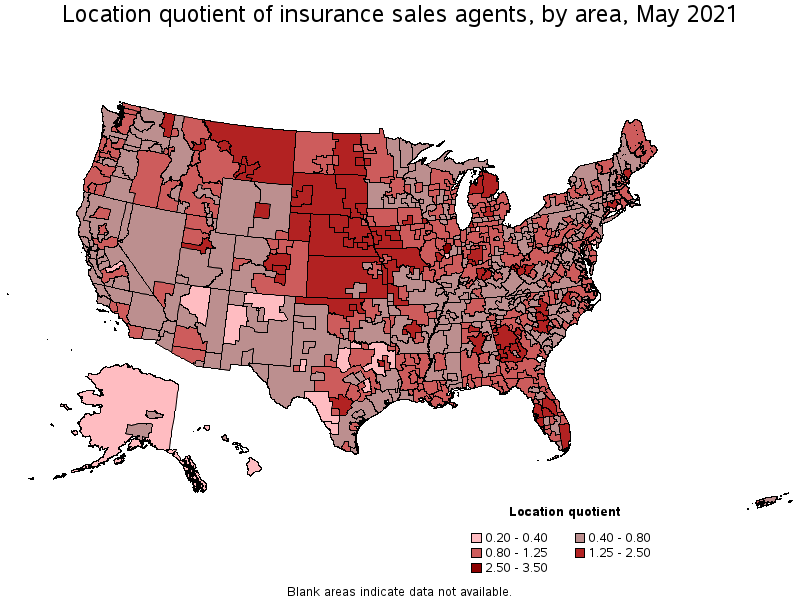 Map of location quotient of insurance sales agents by area, May 2021