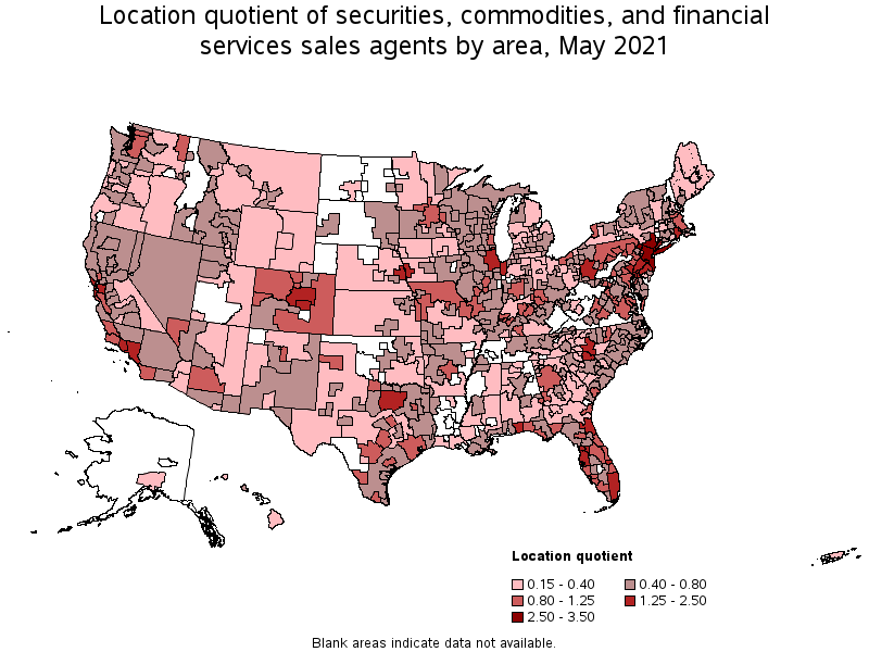 Map of location quotient of securities, commodities, and financial services sales agents by area, May 2021