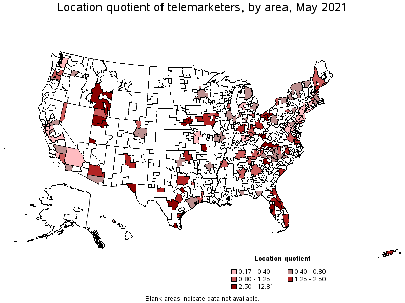Map of location quotient of telemarketers by area, May 2021
