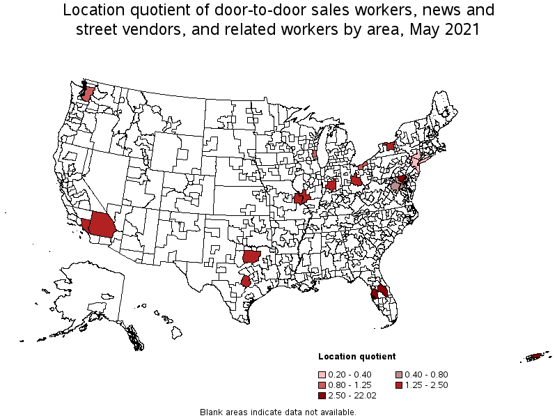 Map of location quotient of door-to-door sales workers, news and street vendors, and related workers by area, May 2021