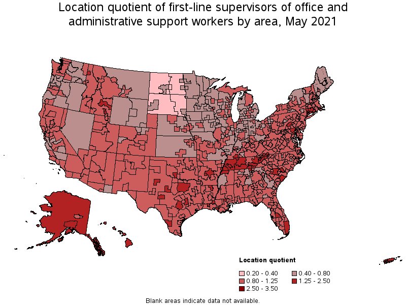 Map of location quotient of first-line supervisors of office and administrative support workers by area, May 2021