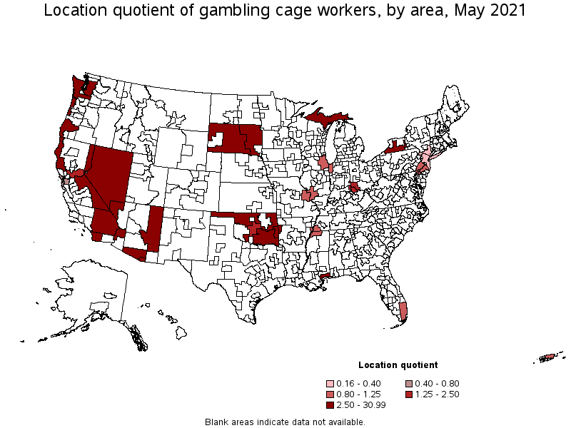 Map of location quotient of gambling cage workers by area, May 2021