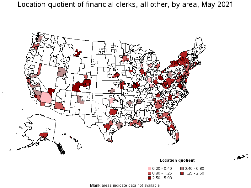 Map of location quotient of financial clerks, all other by area, May 2021