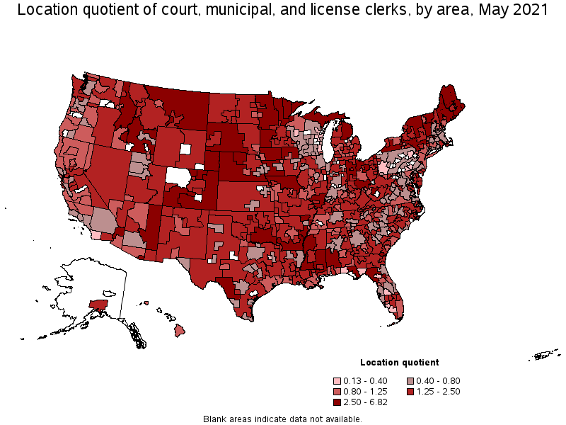 Map of location quotient of court, municipal, and license clerks by area, May 2021