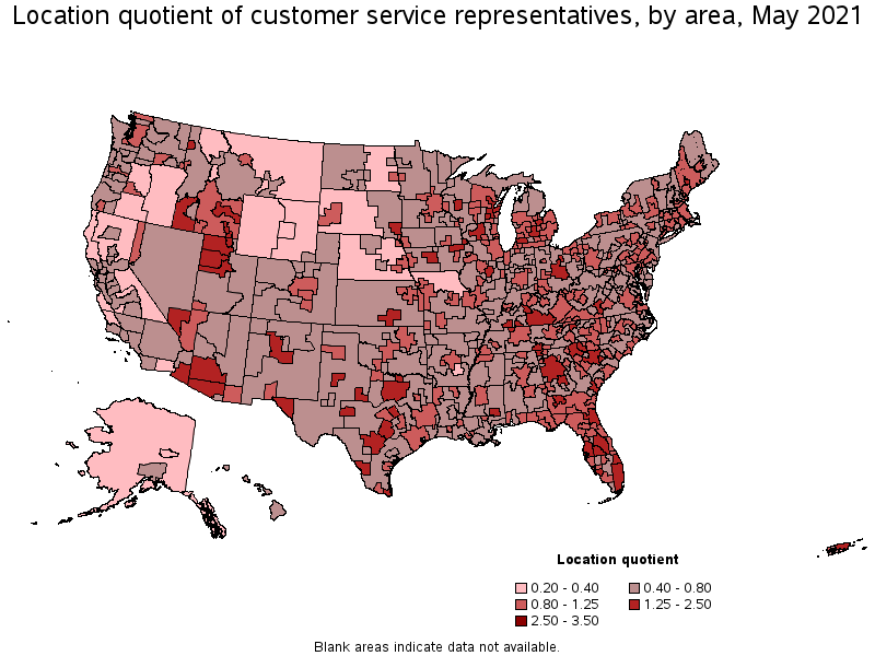 Map of location quotient of customer service representatives by area, May 2021