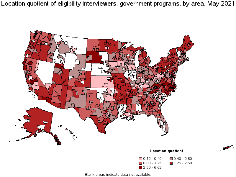 Map of location quotient of eligibility interviewers, government programs by area, May 2021