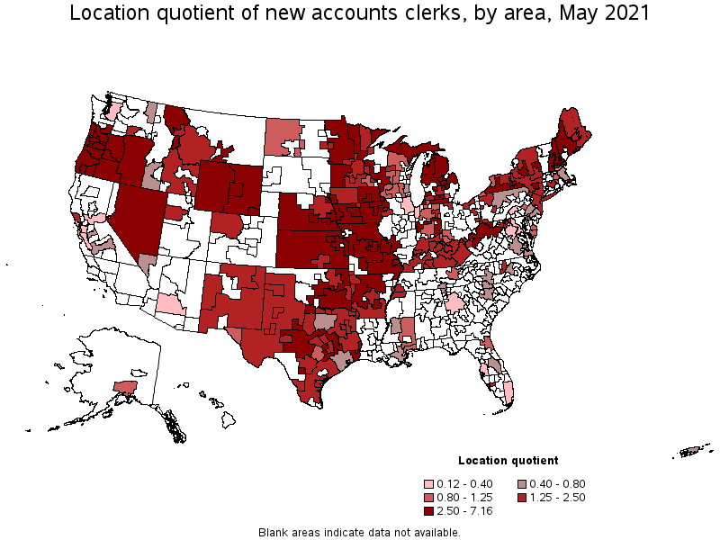 Map of location quotient of new accounts clerks by area, May 2021