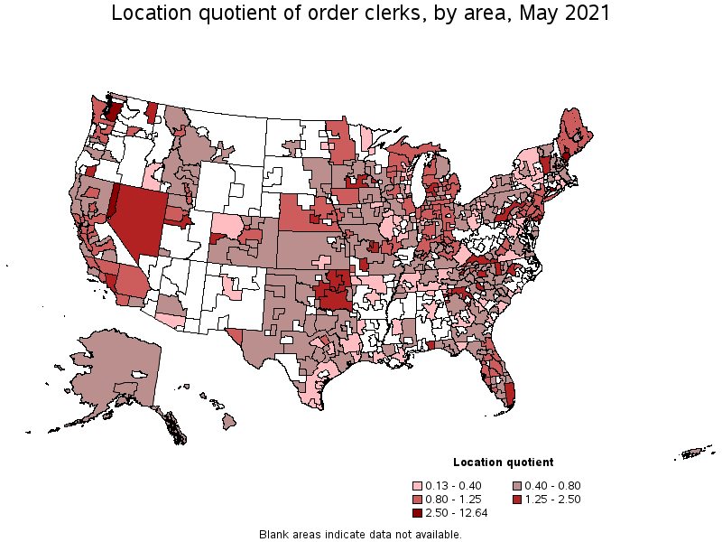 Map of location quotient of order clerks by area, May 2021