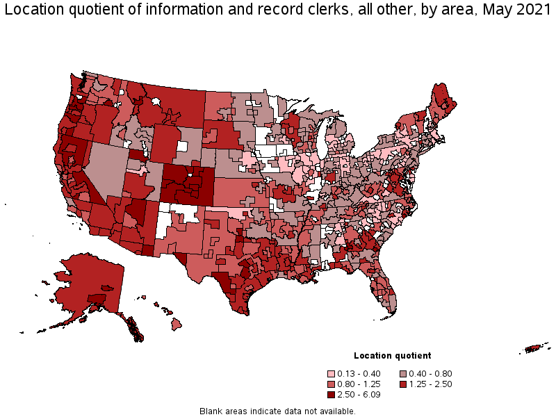 Map of location quotient of information and record clerks, all other by area, May 2021