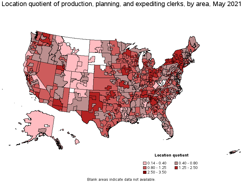 Map of location quotient of production, planning, and expediting clerks by area, May 2021