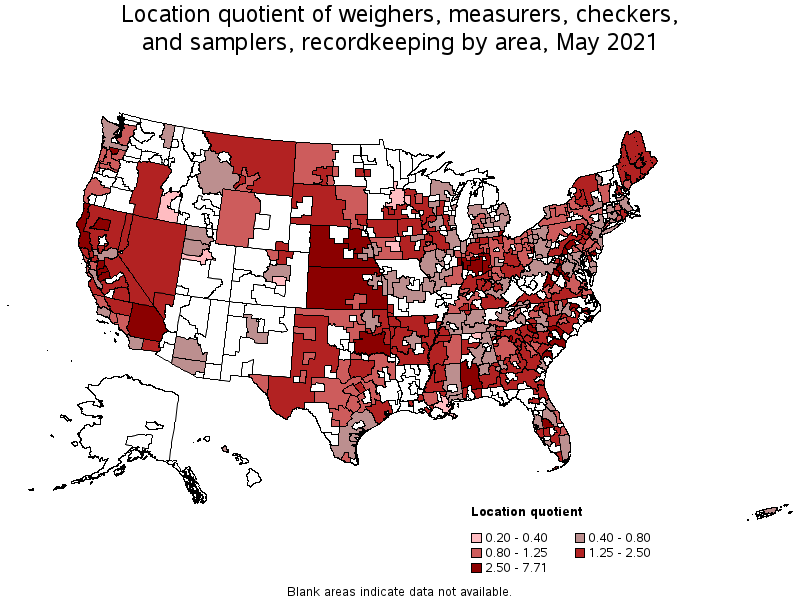 Map of location quotient of weighers, measurers, checkers, and samplers, recordkeeping by area, May 2021