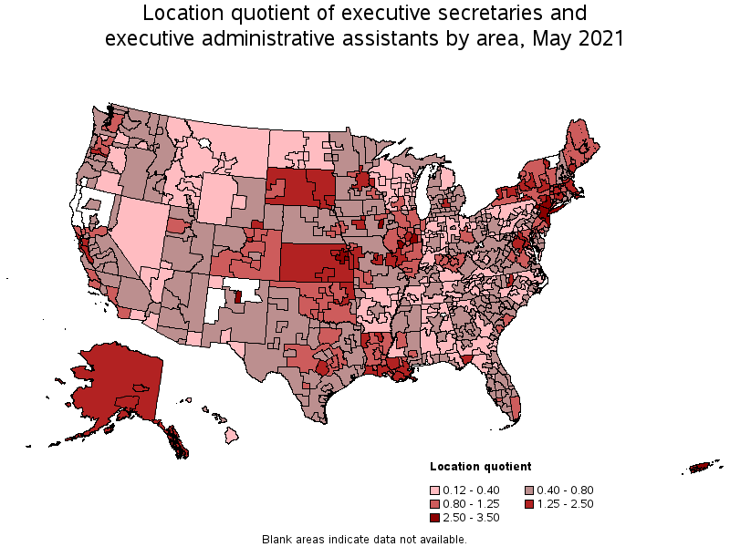 Map of location quotient of executive secretaries and executive administrative assistants by area, May 2021