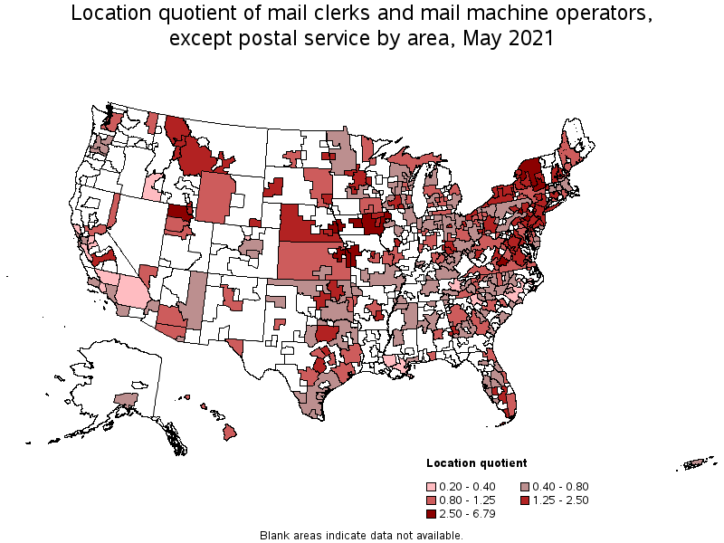 Map of location quotient of mail clerks and mail machine operators, except postal service by area, May 2021