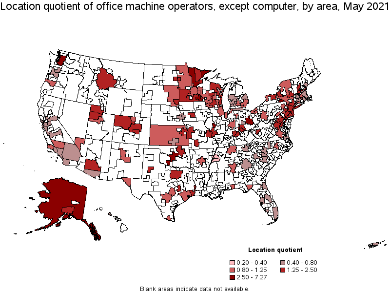Map of location quotient of office machine operators, except computer by area, May 2021