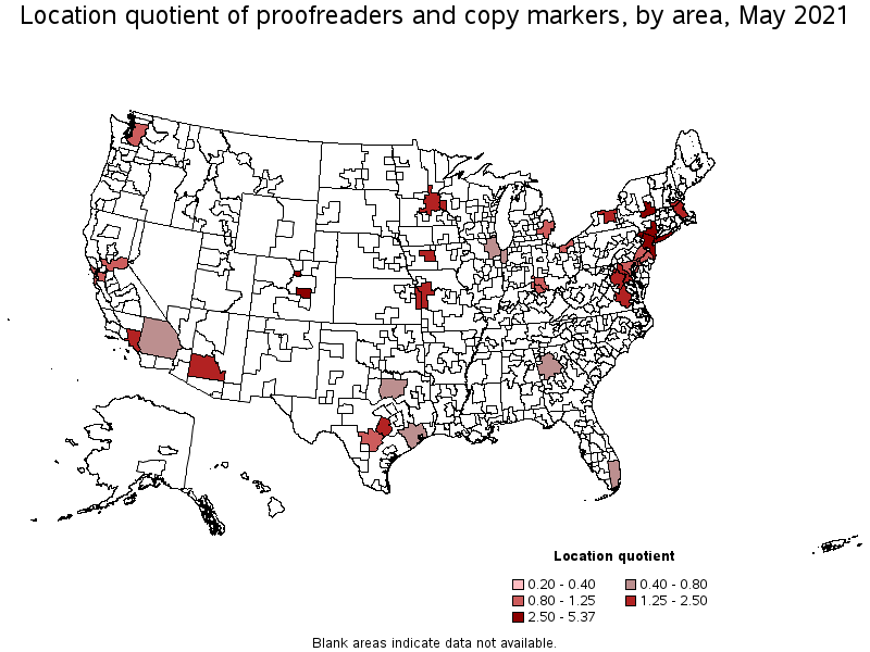 Map of location quotient of proofreaders and copy markers by area, May 2021