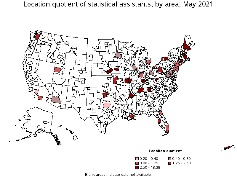 Map of location quotient of statistical assistants by area, May 2021