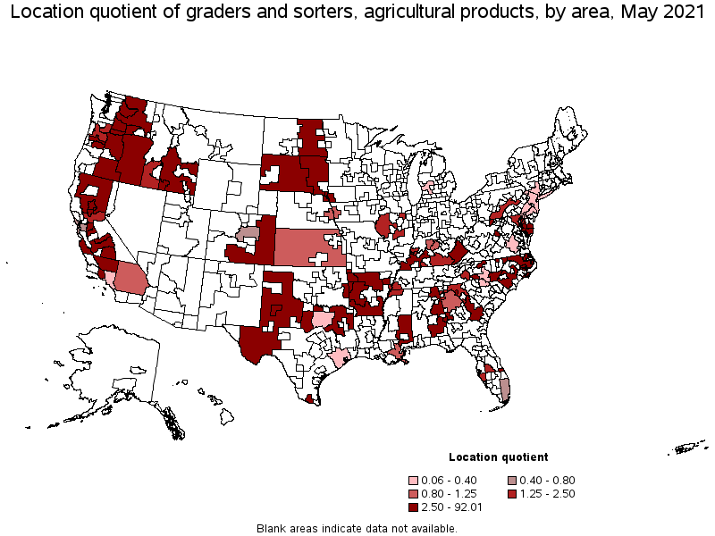 Map of location quotient of graders and sorters, agricultural products by area, May 2021