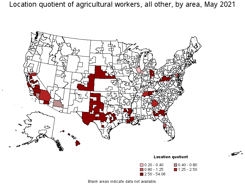 Map of location quotient of agricultural workers, all other by area, May 2021