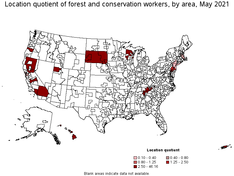 Map of location quotient of forest and conservation workers by area, May 2021