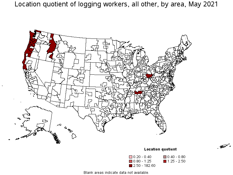 Map of location quotient of logging workers, all other by area, May 2021