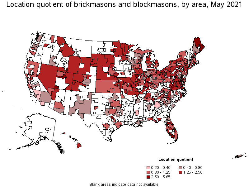 Map of location quotient of brickmasons and blockmasons by area, May 2021