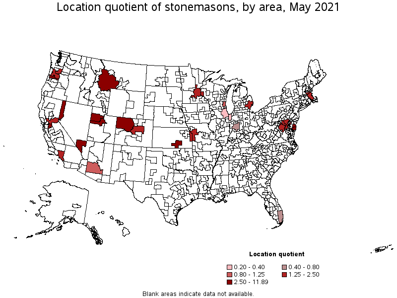 Map of location quotient of stonemasons by area, May 2021