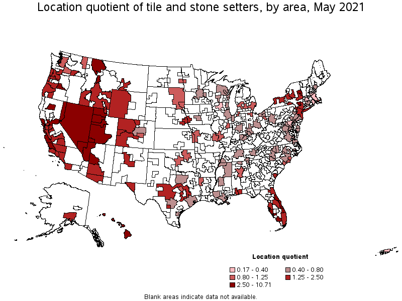 Map of location quotient of tile and stone setters by area, May 2021