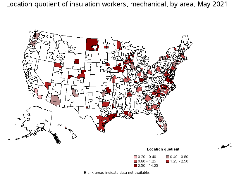 Map of location quotient of insulation workers, mechanical by area, May 2021