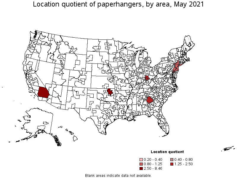 Map of location quotient of paperhangers by area, May 2021