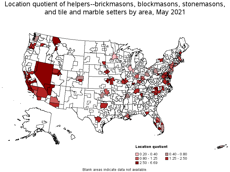 Map of location quotient of helpers--brickmasons, blockmasons, stonemasons, and tile and marble setters by area, May 2021