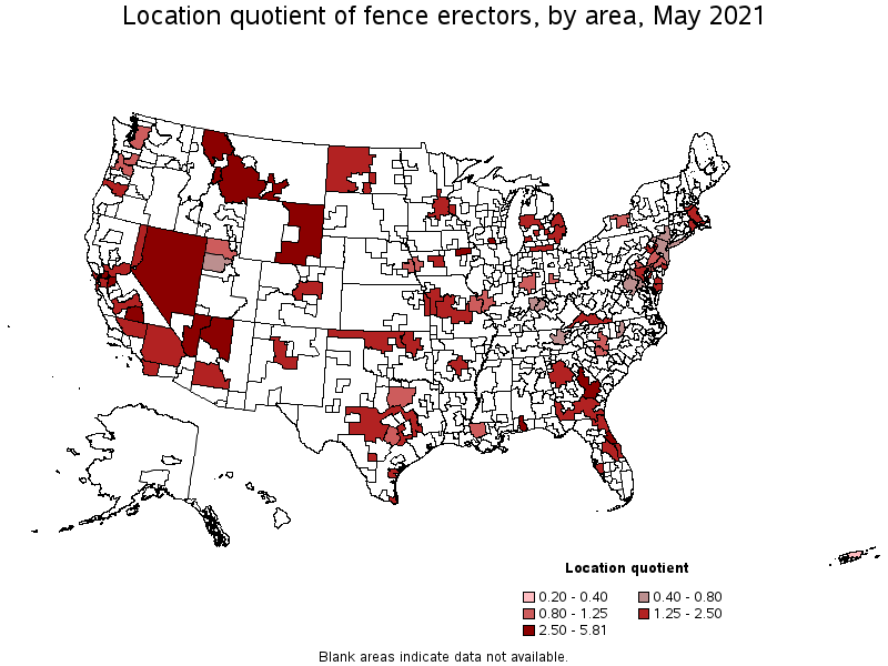 Map of location quotient of fence erectors by area, May 2021