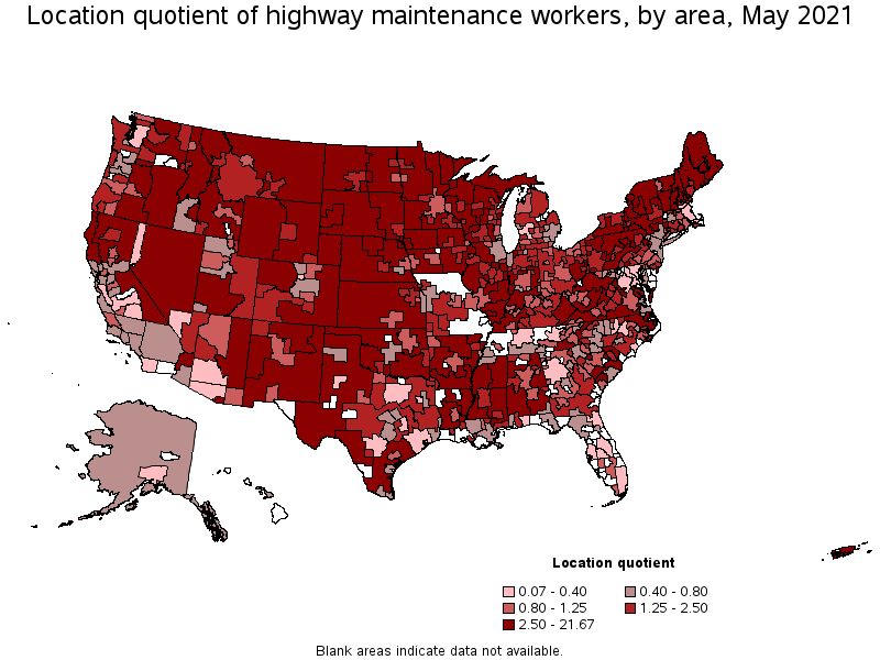 Map of location quotient of highway maintenance workers by area, May 2021