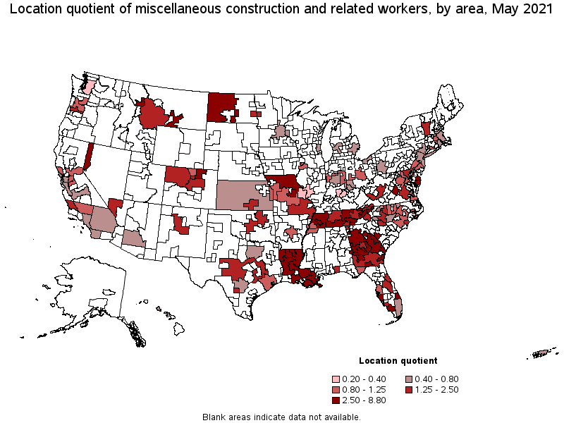 Map of location quotient of miscellaneous construction and related workers by area, May 2021