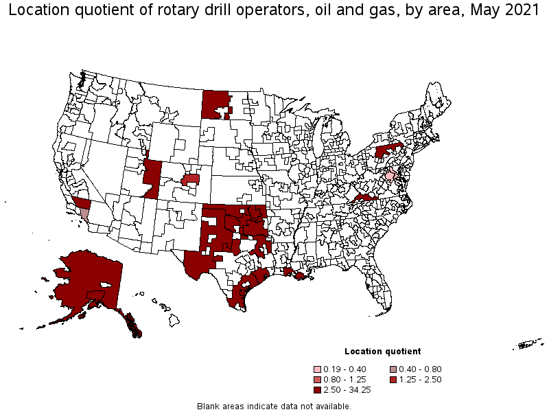 Map of location quotient of rotary drill operators, oil and gas by area, May 2021