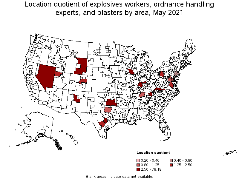 Map of location quotient of explosives workers, ordnance handling experts, and blasters by area, May 2021