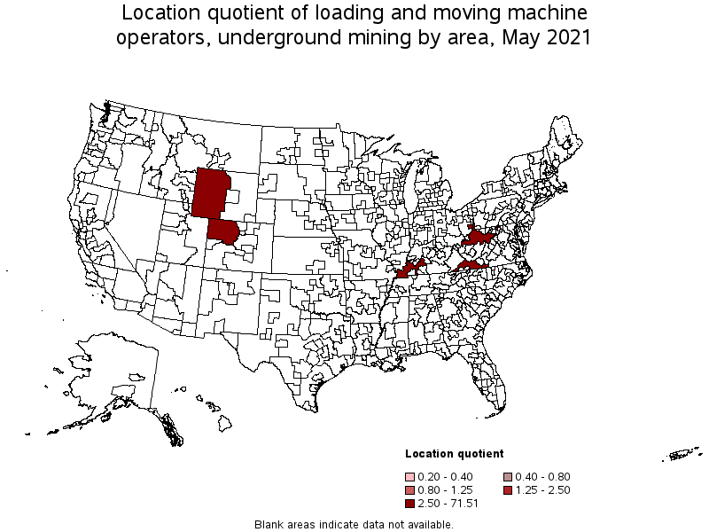 Map of location quotient of loading and moving machine operators, underground mining by area, May 2021