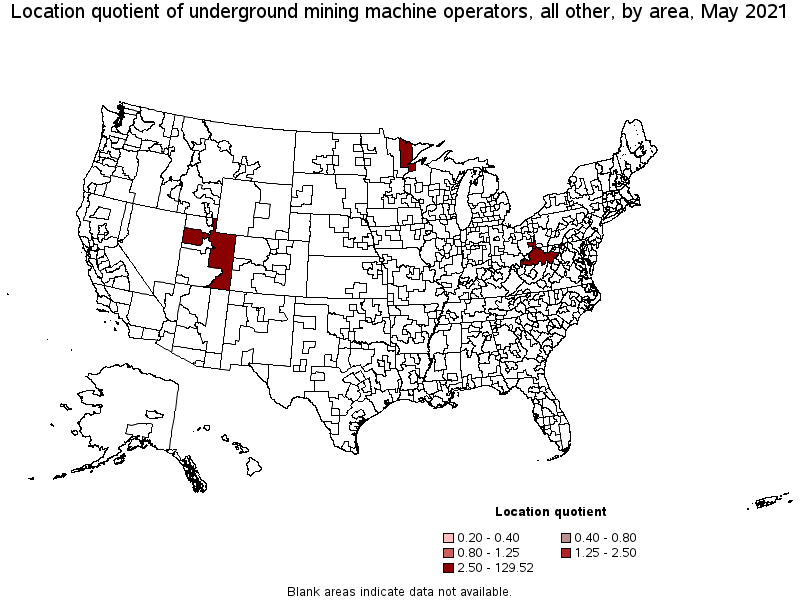 Map of location quotient of underground mining machine operators, all other by area, May 2021