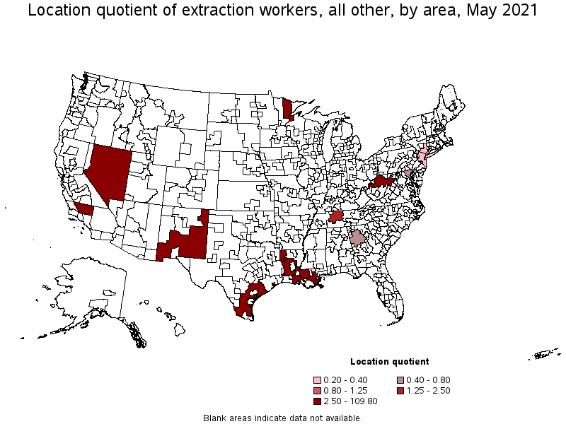 Map of location quotient of extraction workers, all other by area, May 2021