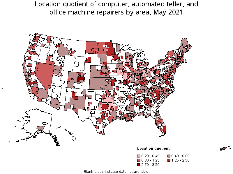 Map of location quotient of computer, automated teller, and office machine repairers by area, May 2021