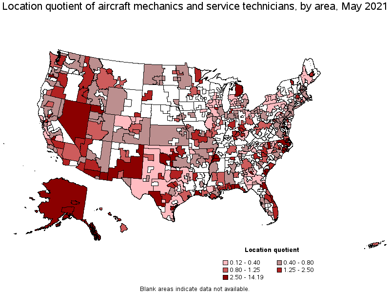 Map of location quotient of aircraft mechanics and service technicians by area, May 2021