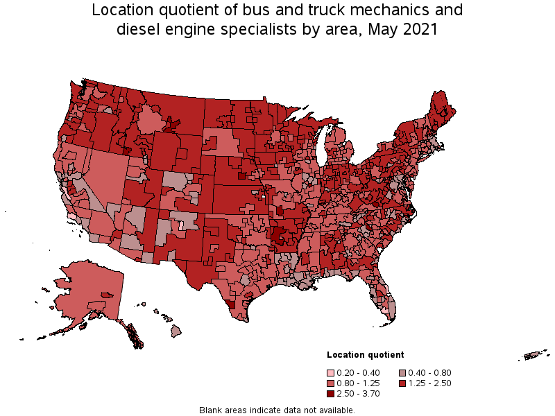 Map of location quotient of bus and truck mechanics and diesel engine specialists by area, May 2021