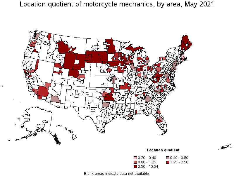 Map of location quotient of motorcycle mechanics by area, May 2021