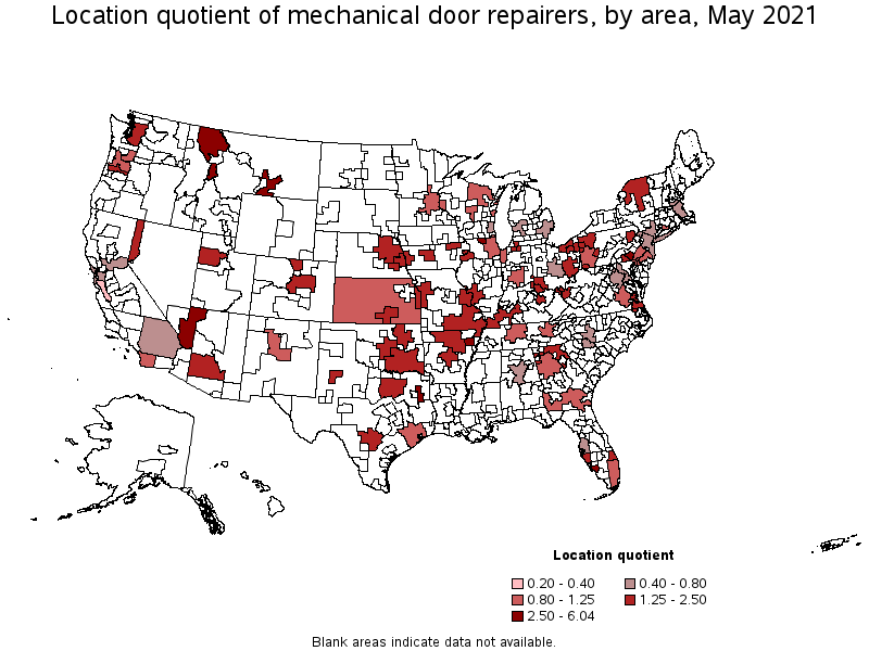 Map of location quotient of mechanical door repairers by area, May 2021